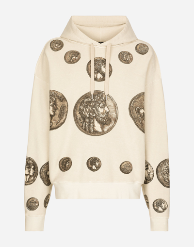 Shop Dolce & Gabbana Coin Print Inside-out Jersey Hoodie In Beige