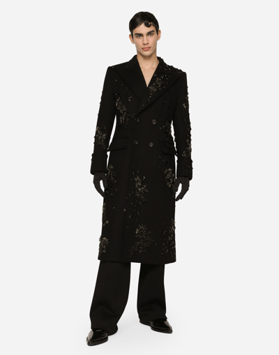 Shop Dolce & Gabbana Double-breasted Coat With Embroidery And Stones In Black