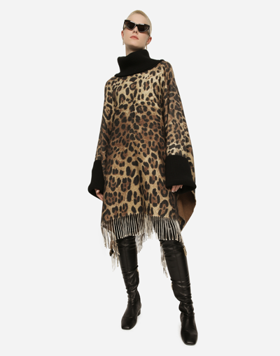 Dolce & Gabbana Animal Patterned Wool Blend Cloak With Cuffs In Brown
