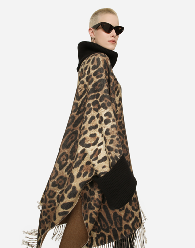 Dolce & Gabbana Animal Patterned Wool Blend Cloak With Cuffs In Brown