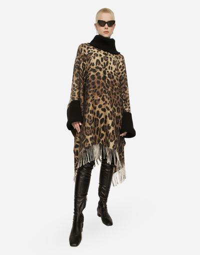 Dolce & Gabbana Animal Patterned Wool Blend Cloak With Cuffs In Brown