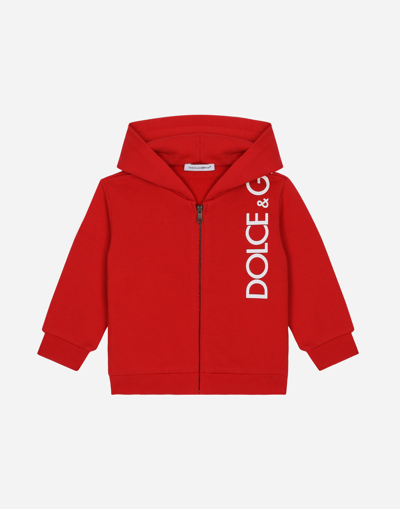 Shop Dolce & Gabbana Zip-up Jersey Hoodie With Logo Print In Red