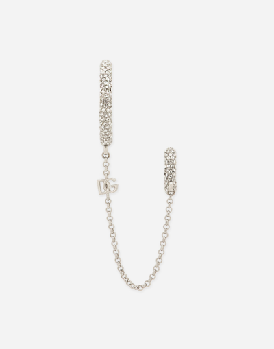 Shop Dolce & Gabbana Single Rhinestone-detailed Creole Earring With Chain Accent In Silver