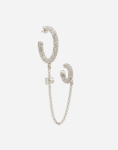 Shop Dolce & Gabbana Single Rhinestone-detailed Creole Earring With Chain Accent In Silver