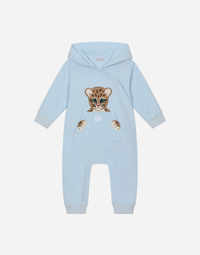 Shop Dolce & Gabbana Hooded Jersey Onesie With Long Sleeves With Patch And Embroidery In Grey
