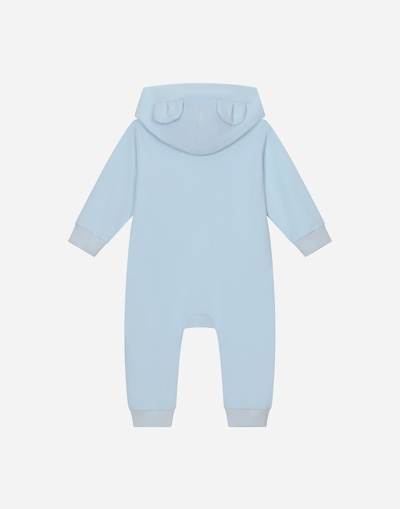 Shop Dolce & Gabbana Hooded Jersey Onesie With Long Sleeves With Patch And Embroidery In Grey