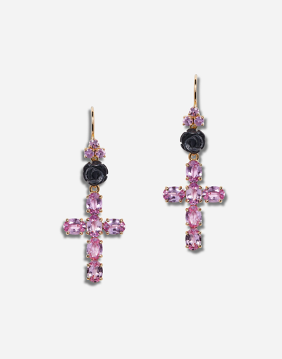 Dolce & Gabbana Family Yellow Gold Earrings With Rose And Cross Pendant