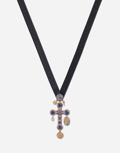 Shop Dolce & Gabbana Tradition Cross Pendant With Tanzanites In Gold