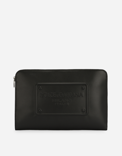 Shop Dolce & Gabbana Large Calfskin Pouch With Raised Logo In Black