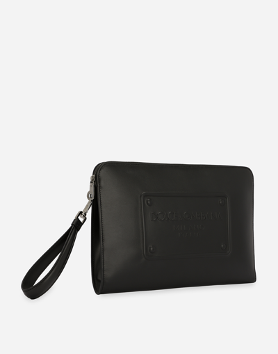 Shop Dolce & Gabbana Large Calfskin Pouch With Raised Logo In Black