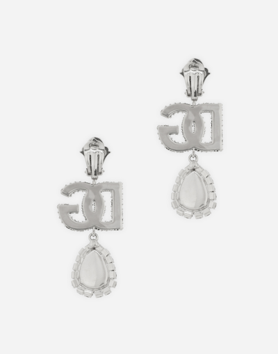 Shop Dolce & Gabbana Drop Earrings With Rhinestone-detailed Logo And Pendant In Silver
