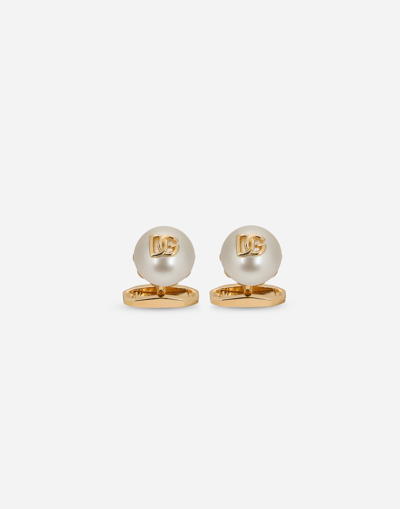 Shop Dolce & Gabbana Cufflinks With Pearl And Dg Logo In Gold