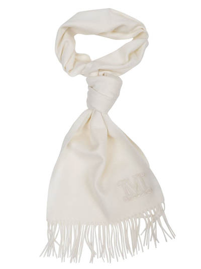 Shop Max Mara Logo Embroidered Fringed Scarf In White