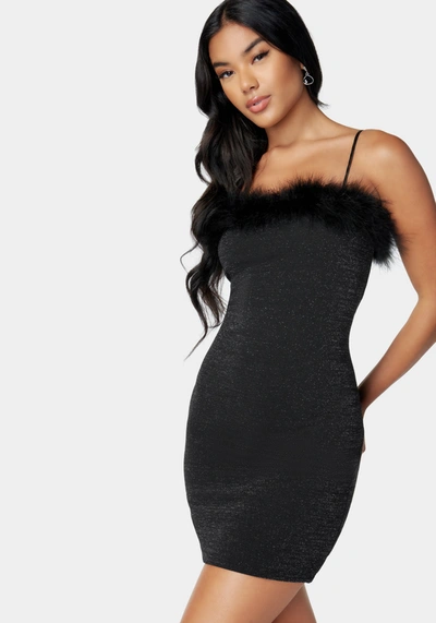 Shop Bebe Mini Tube Dress With Feather Trim In Black,silver