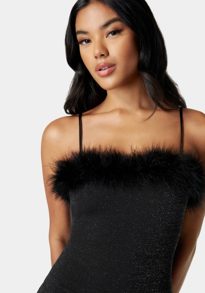 Shop Bebe Mini Tube Dress With Feather Trim In Black,silver
