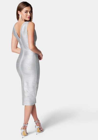 Bebe Foiled Bandage V Neck Midi Dress In Silver