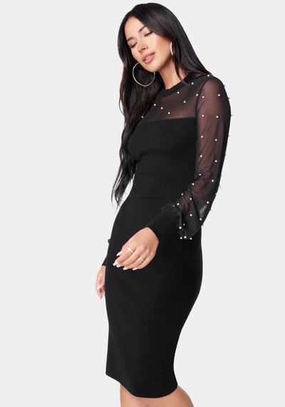 Bebe Pearl Mesh Midi Sweater Dress In Black
