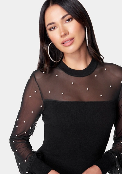 Bebe Pearl Mesh Midi Sweater Dress In Black