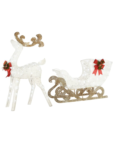 National Tree Company Sisal Reindeer Pulling Sleigh With Led Lights In White