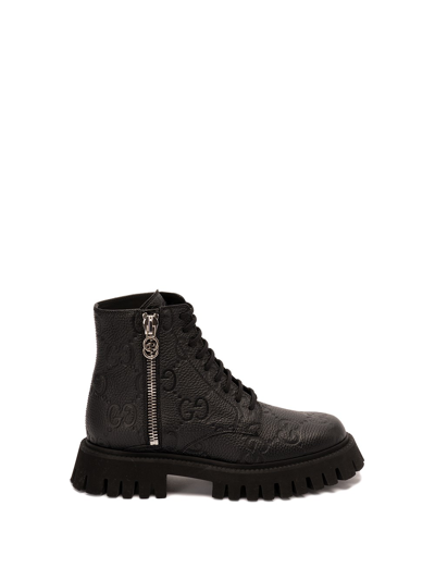 Shop Gucci `gg` Leather Ankle Boots In Black  