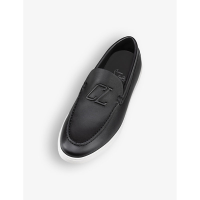 Shop Christian Louboutin Men's Black Varsiboat Logo-embossed Leather Boat Shoes