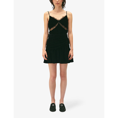 Shop Claudie Pierlot Women's Noir / Gris Sister Ruffle-trim Velour Mini Skirt