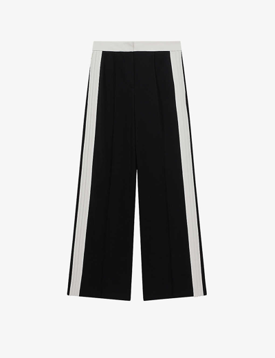 Shop Reiss Women's Black Bryn Side-stripe Wide-leg Stretch-woven Trousers