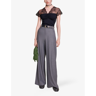 Maje Jersey Top With Lace Trim In Noir / Gris