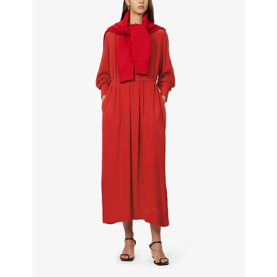 Shop Totême Toteme Women's Red 015 Ruched Self-tie Woven Maxi Dress
