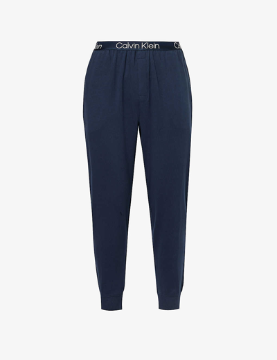 Shop Calvin Klein Branded-waistband Tapered-leg Stretch Cotton-blend Jogging Bottoms In Blueberry