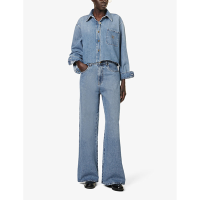 Shop Miu Miu Women's Azzurro Brand-embroidered Contrast-stitched Relaxed-fit Denim Shirt