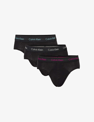 Shop Calvin Klein Men's Black Branded-waistband Mid-rise Pack Of Three Stretch-cotton Briefs