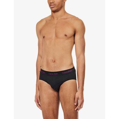 Shop Calvin Klein Men's Black Branded-waistband Mid-rise Pack Of Three Stretch-cotton Briefs