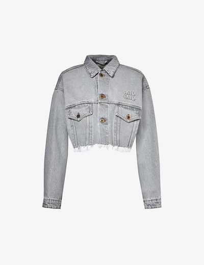Shop Miu Miu Women's Grigio Brand-embroidered Contrast-stitched Relaxed-fit Denim Jacket