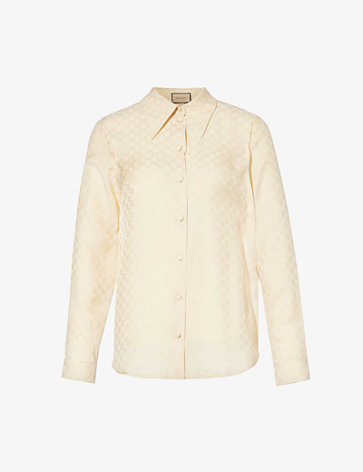 Shop Gucci Women's Gardenia Monogram-pattern Satin-texture Regular-fit Silk Shirt In Cream