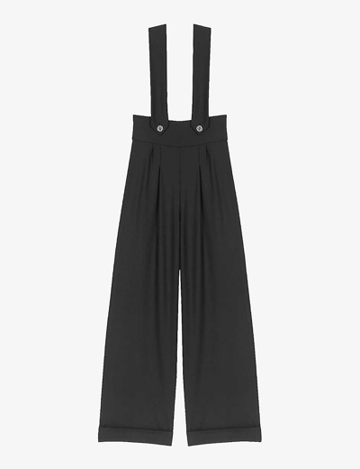 Shop Maje Women's Noir / Gris Pitelle Wide-leg Stretch Wool-blend Trousers With Braces