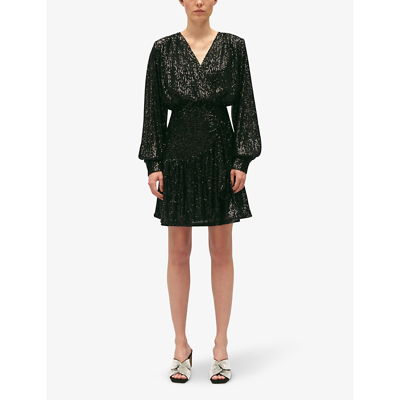Shop Claudie Pierlot Women's Noir / Gris V-neck Sequin-embellished Stretch-woven Mini Dress