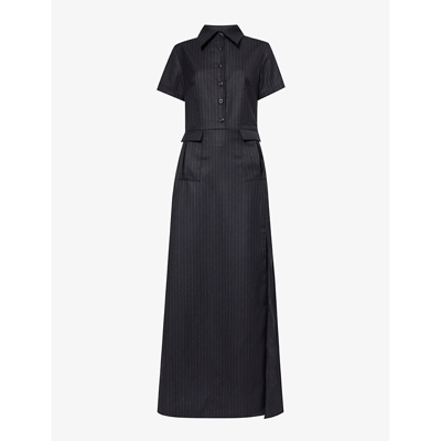 Shop Woera Womens Black Collared Striped Regular-fit Cashmere Maxi Dress In 57