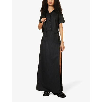 Shop Woera Womens Black Collared Striped Regular-fit Cashmere Maxi Dress In 57
