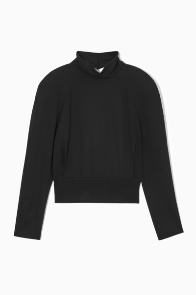 Cos Power-shoulder Open-back Waisted Wool Top In Black