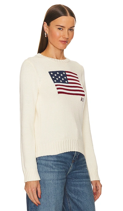 Polo Ralph Lauren Classic Crew Neck Pullover Sweater With American Flag Design In Cream