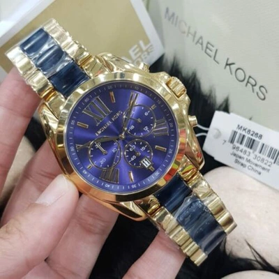 Pre-owned Michael Kors Mk6268 Bradshaw Gold Blue Dial Chronograph Unisex 43mm Case Watch