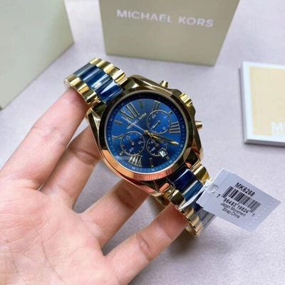 Pre-owned Michael Kors Mk6268 Bradshaw Gold Blue Dial Chronograph Unisex 43mm Case Watch