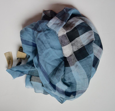 Pre-owned Burberry Giant Exploded Crinkle Linen Check Large Scarf Wrap Made In Italy In Blue