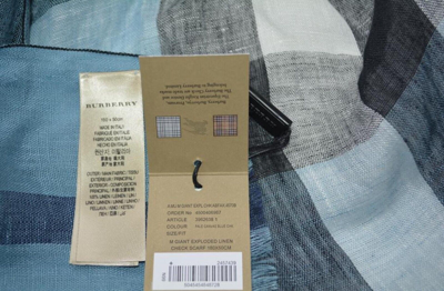 Pre-owned Burberry Giant Exploded Crinkle Linen Check Large Scarf Wrap Made In Italy In Blue