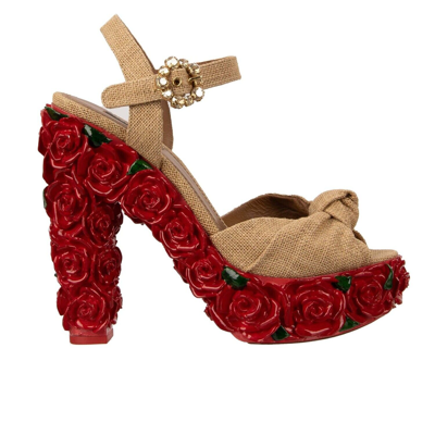 Pre-owned Dolce & Gabbana Flower Rose Platform Sandals Heels Pumps Bianca Beige Red 12734