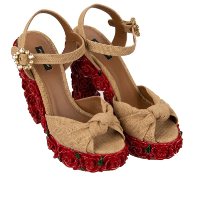 Pre-owned Dolce & Gabbana Flower Rose Platform Sandals Heels Pumps Bianca Beige Red 12734