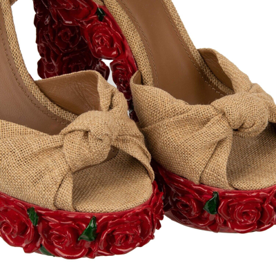 Pre-owned Dolce & Gabbana Flower Rose Platform Sandals Heels Pumps Bianca Beige Red 12734