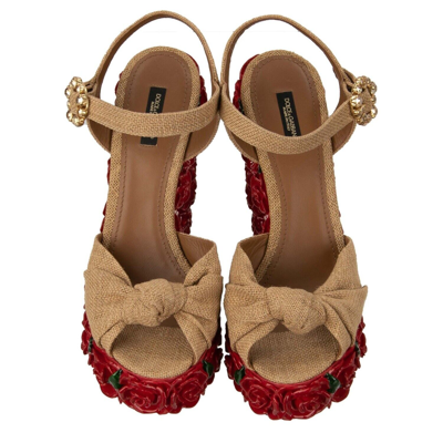 Pre-owned Dolce & Gabbana Flower Rose Platform Sandals Heels Pumps Bianca Beige Red 12734