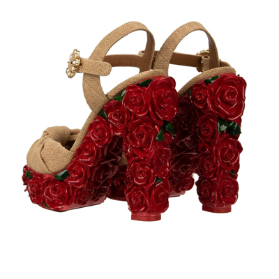 Pre-owned Dolce & Gabbana Flower Rose Platform Sandals Heels Pumps Bianca Beige Red 12734